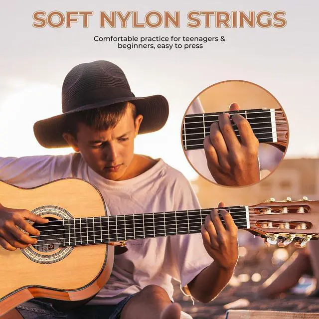 Alt view image 5 of 7 - Classical Guitar 3/4 Inch Acoustic Classical Guitar, 36 Inch Junior Size Nylon String Guitar Bundle Kit for Beginner Teens, Cedar Top