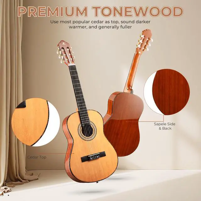 Alt view image 7 of 7 - Classical Guitar 3/4 Inch Acoustic Classical Guitar, 36 Inch Junior Size Nylon String Guitar Bundle Kit for Beginner Teens, Cedar Top