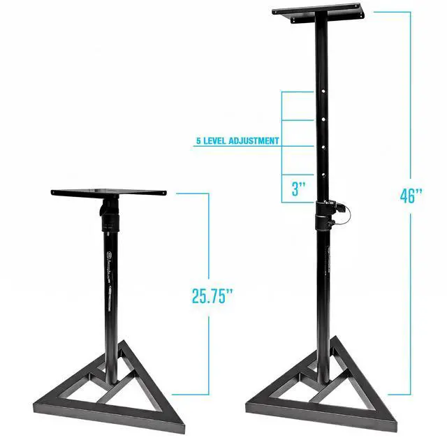 Alt view image 2 of 7 - AxcessAbles Studio Monitor Speaker Stands Pair. 80lb Capacity per Stand. Adjustable Height 26" - 42". Metal Constructed Stands Ideal for Surround Sound, Bookshelf and Monitoring Speakers