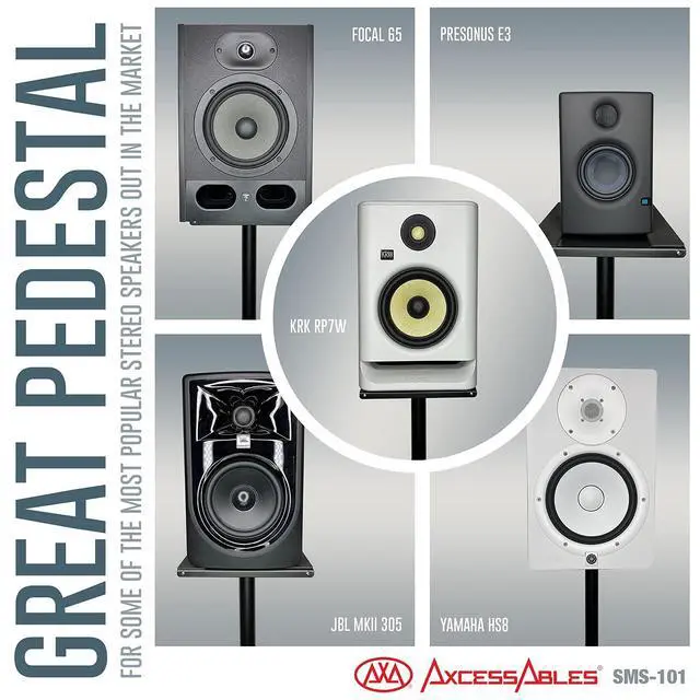 Alt view image 6 of 7 - AxcessAbles Studio Monitor Speaker Stands Pair. 80lb Capacity per Stand. Adjustable Height 26" - 42". Metal Constructed Stands Ideal for Surround Sound, Bookshelf and Monitoring Speakers