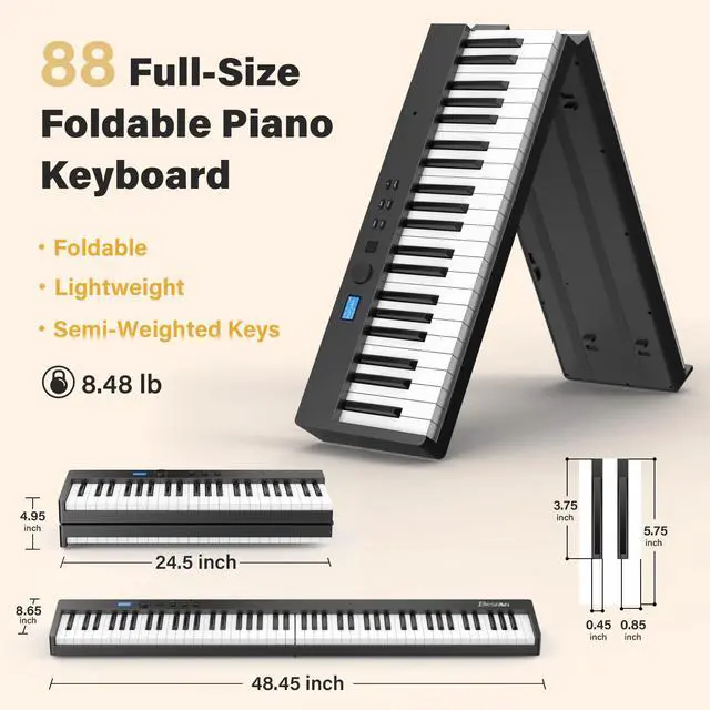 Alt view image 2 of 5 - 88 Key Folding Piano Keyboard Electric Piano | Portable Semi-Weighted Keyboard Piano Support MIDI, Built-in Speakers, Battery, Travel Piano for Beginners