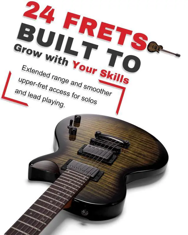 Alt view image 3 of 7 - 24-Fret Electric Guitar Kit, 40 inch Single Cut (LP Style), Modern Playability Coil-Split Humbucker Pickups, 18:1 Tuning Pegs,W/Guitar Accessories Gig Bag,Cable,Strap,Picks,Strings,Tuner,Book