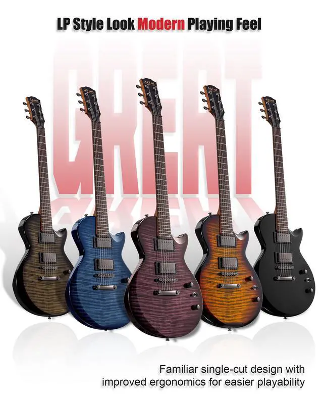 Alt view image 2 of 7 - 24-Fret Electric Guitar Kit, 40 inch Single Cut (LP Style), Modern Playability Coil-Split Humbucker Pickups, 18:1 Tuning Pegs,W/Guitar Accessories Gig Bag,Cable,Strap,Picks,Strings,Tuner,Book
