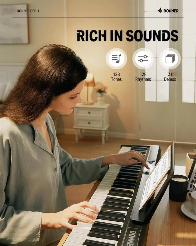 Alt view image 4 of 7 - Piano Keyboard 88 Keys, Beginner Digital Piano Velocity-Sensitive Keys, Portable Electric Piano with Stand, Sustain Pedal, Carrying Case and Keyboard Stickers, DEP-1