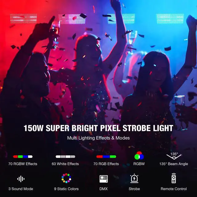 Alt view image 3 of 7 - Stage Strobe Effect Light: 150W RGBW DJ Strobe Light | Remote DMX Sound Control | 24RGB+16W Zone Chasing | DJ Party Planner Easy Setup for Band Live Show Bar Concert Wedding Club Lighting