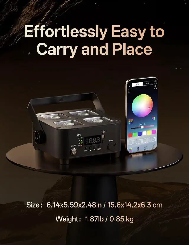 Alt view image 5 of 7 - Wireless Rechargeable Stage Lights, 5200mAh Par Lights, 40W RGBW+UV Uplight, Controllable via APP, Remote Control, and Wireless DMX; Suitable for Weddings, Events, DJ Shows, and Stage Lighting.(Black)