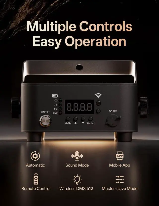 Alt view image 7 of 7 - Wireless Rechargeable Stage Lights, 5200mAh Par Lights, 40W RGBW+UV Uplight, Controllable via APP, Remote Control, and Wireless DMX; Suitable for Weddings, Events, DJ Shows, and Stage Lighting.(Black)