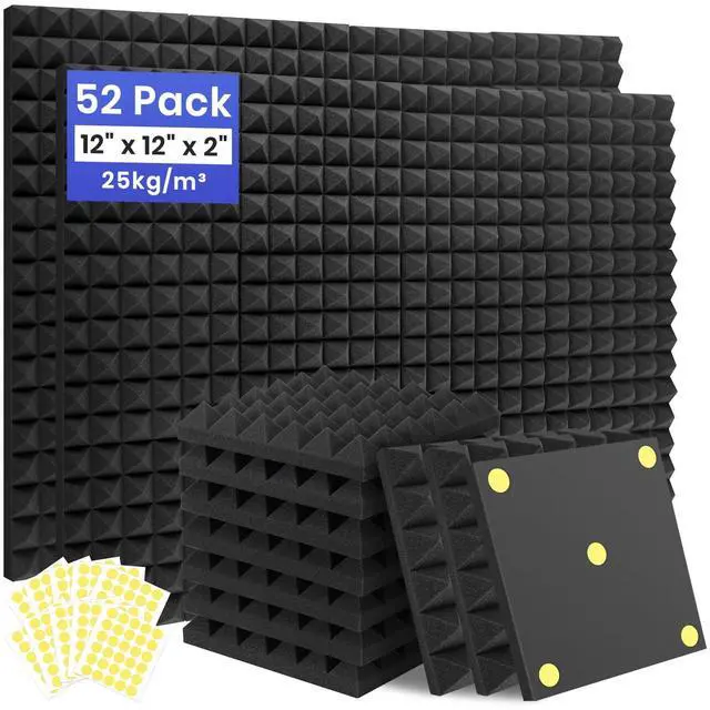Main image of 52 Pack Sound Proof Foam Panels for Walls, 12" X 12" X 2" Pyramid Acoustic Foam Panels, High Density Noise Reduction Soundproof Panels for Studio Game Room with 300PCS Double-Side Adhesive