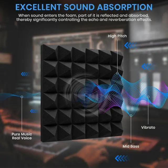 Alt view image 3 of 7 - 52 Pack Sound Proof Foam Panels for Walls, 12" X 12" X 2" Pyramid Acoustic Foam Panels, High Density Noise Reduction Soundproof Panels for Studio Game Room with 300PCS Double-Side Adhesive