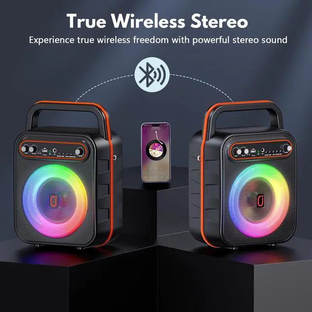 Alt view image 6 of 7 - Karaoke Machine for Adults & Kids, Portable Bluetooth Speaker with 2 Wireless Microphones, PA System Treble & Bass with LED Lights, Supports USB/AUX/TF/FM/REC for Home Party Outdoors