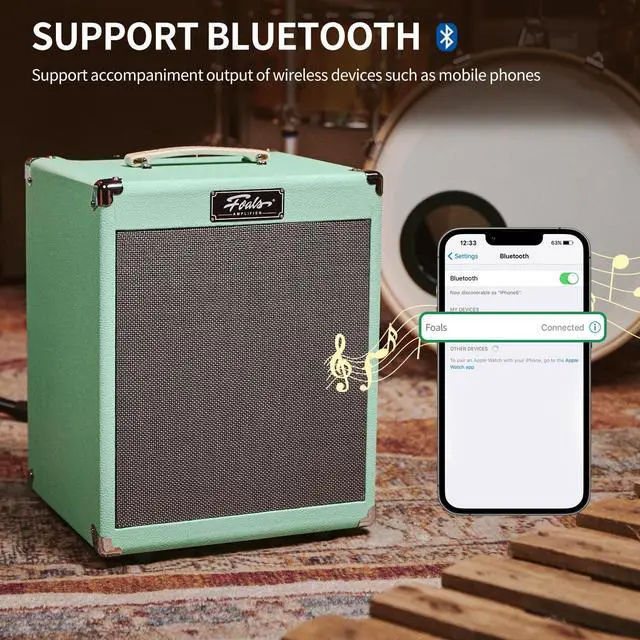 Alt view image 7 of 7 - Electric Bass Amp 30W, Dual-Speaker Design (8" Woofer + 3" Tweeter), Bluetooth, 3-Band EQ, Active/Passive Bass Amplifier for Beginners (Green)