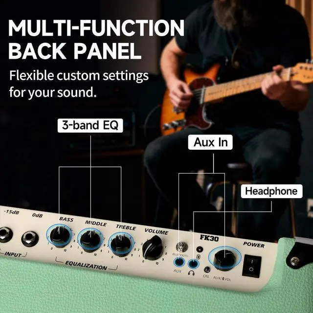 Alt view image 6 of 7 - Electric Bass Amp 30W, Dual-Speaker Design (8" Woofer + 3" Tweeter), Bluetooth, 3-Band EQ, Active/Passive Bass Amplifier for Beginners (Green)