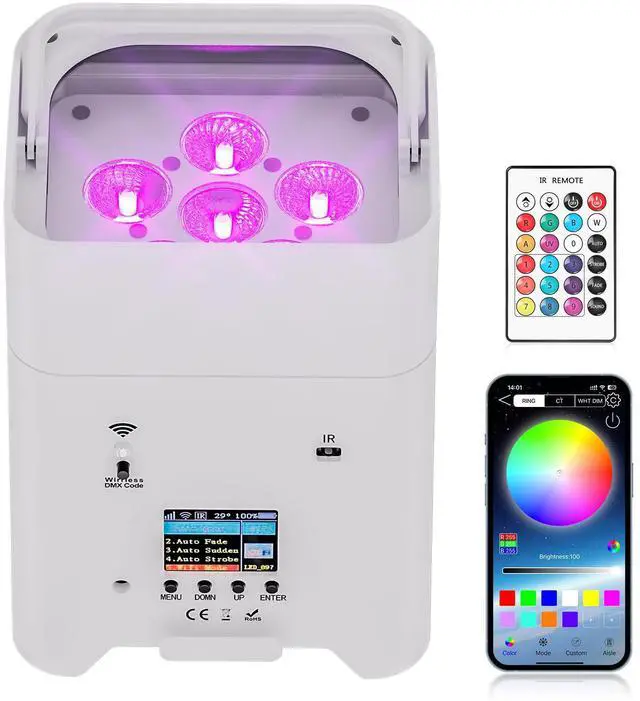 Main image of Battery Powered Stage Lights, 9600mAh Rechargeable Par Can Lights 6x18W RGBWA+UV APP/Remote/DMX512/Sound Activated, Uplights for Events Party Wedding DJ Concert Christmas Dance White