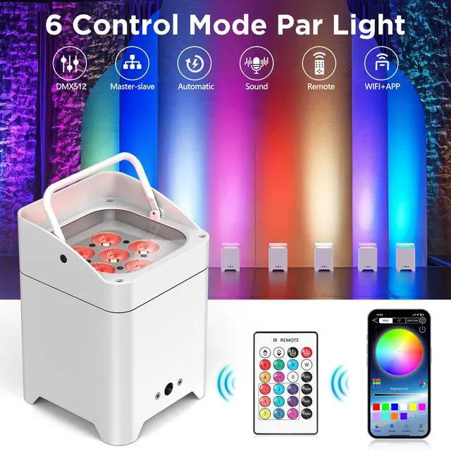Alt view image 3 of 7 - Battery Powered Stage Lights, 9600mAh Rechargeable Par Can Lights 6x18W RGBWA+UV APP/Remote/DMX512/Sound Activated, Uplights for Events Party Wedding DJ Concert Christmas Dance White