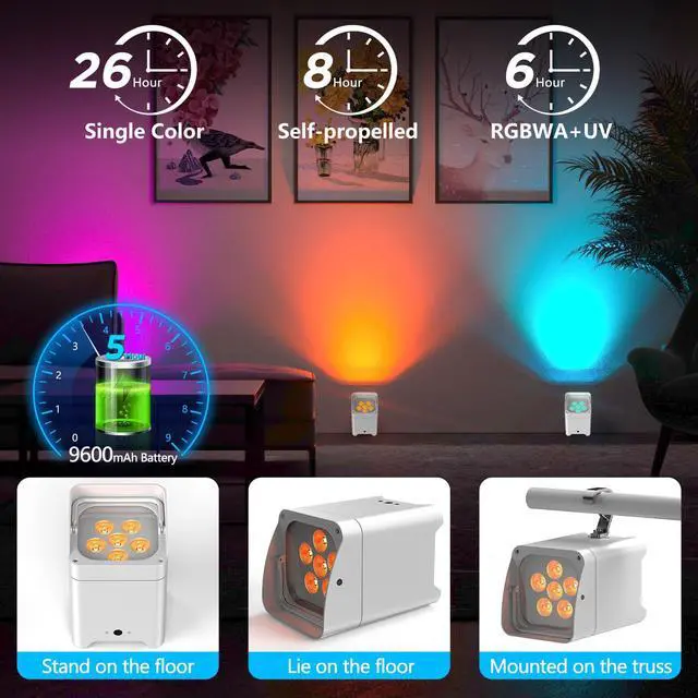 Alt view image 5 of 7 - Battery Powered Stage Lights, 9600mAh Rechargeable Par Can Lights 6x18W RGBWA+UV APP/Remote/DMX512/Sound Activated, Uplights for Events Party Wedding DJ Concert Christmas Dance White