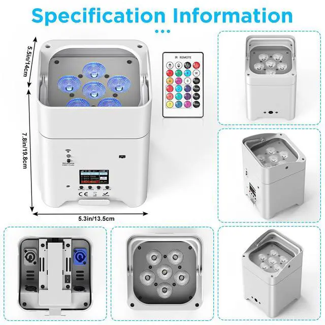 Alt view image 6 of 7 - Battery Powered Stage Lights, 9600mAh Rechargeable Par Can Lights 6x18W RGBWA+UV APP/Remote/DMX512/Sound Activated, Uplights for Events Party Wedding DJ Concert Christmas Dance White