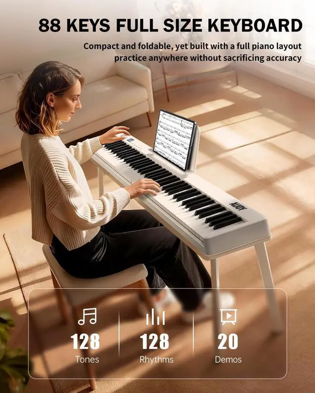 Alt view image 2 of 7 - 88-Key Portable Piano Keyboard with Semi-Weighted Keys Folding Piano | Built-in Speakers/MIDI, Long Battery Life Electric Keyboard Piano for Beginners
