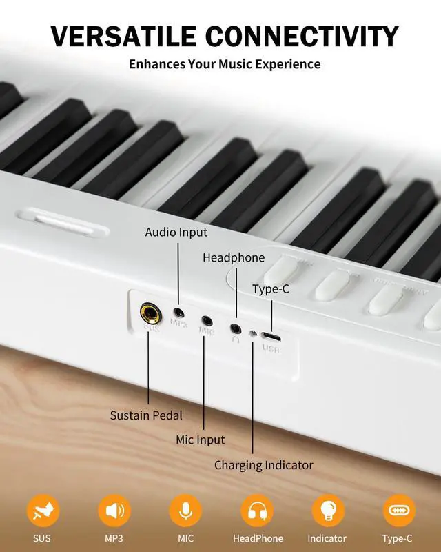 Alt view image 7 of 7 - 88-Key Portable Piano Keyboard with Semi-Weighted Keys Folding Piano | Built-in Speakers/MIDI, Long Battery Life Electric Keyboard Piano for Beginners