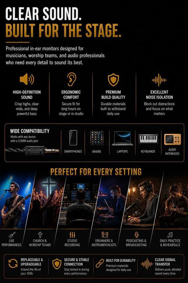 Alt view image 4 of 7 - RR-EV1 Professional Dual Driver in-Ear Monitors (IEM) with Carrying Case Stage Earphones for Musicians, Worship Teams & Audio Engineers High Fidelity Sound Isolation (1 Pair)