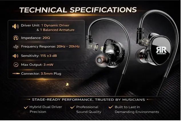 Alt view image 6 of 7 - RR-EV1 Professional Dual Driver in-Ear Monitors (IEM) with Carrying Case Stage Earphones for Musicians, Worship Teams & Audio Engineers High Fidelity Sound Isolation (1 Pair)
