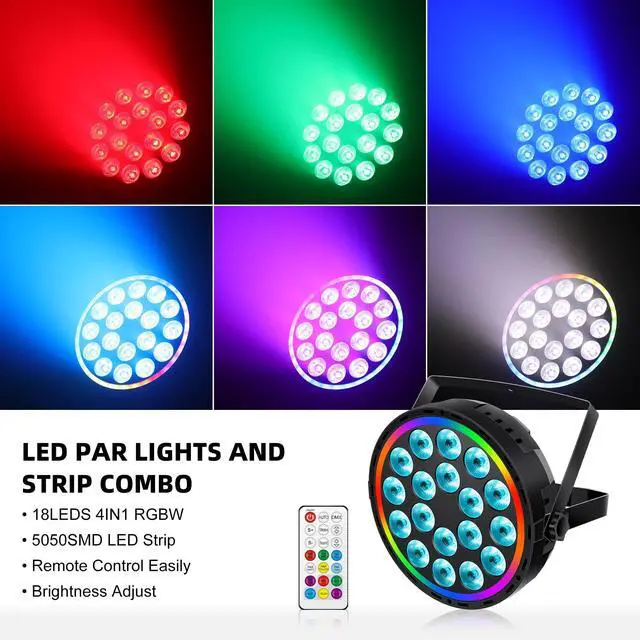 Alt view image 2 of 7 - DJ Par Lights DMX, 70W 18LEDs RGBW Stage Par Light with Rainbow LED Strip Remote Control, Sound Activated DJ Lighting Uplights for Events Wedding Church Dance Party Club Music Live Show