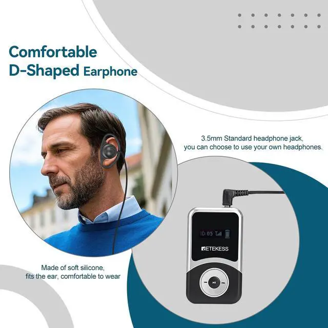 Alt view image 5 of 7 - T130S Tour Guide System, Hearing Assistance Devices(1TX 5RX) | for School, Tour, Hi-Fi Sound, 100m Range, Both Ear D-Shaped Headphones