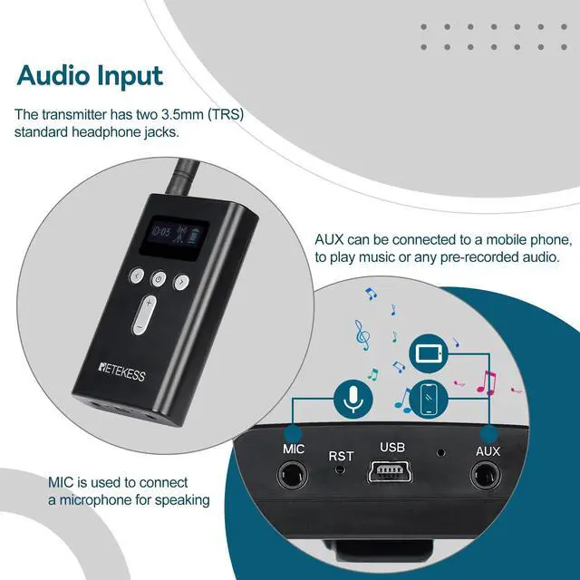 Alt view image 6 of 7 - T130S Tour Guide System, Hearing Assistance Devices(1TX 5RX) | for School, Tour, Hi-Fi Sound, 100m Range, Both Ear D-Shaped Headphones