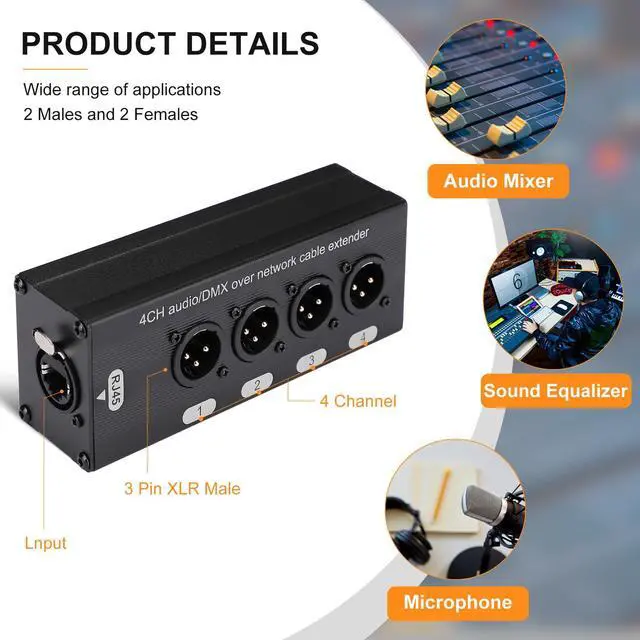 Alt view image 5 of 7 - 4 Pack 4 Channel 3 Pin Multi Network XLR Cable Breakout 3 Pin XLR Male and Female Over RJ45 Ethercon Cable Multi Extender for Stage Lighting and Home Recording Studio Compatible