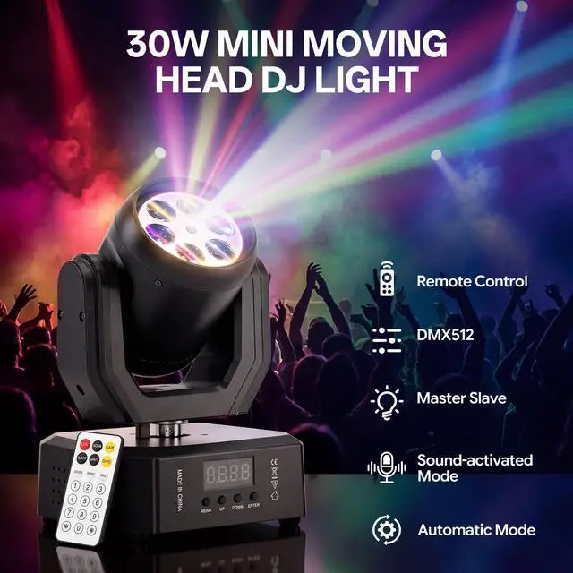 Alt view image 3 of 7 - 2PCS Mini Moving Head Light,30W Compact Led DJ Stage Lights with Bee-Eyes/Dot Beam/Halo Effects,Remote Control Sound Active & DMX512 Control for Wedding DJ Party Stage Lighting Disco Club