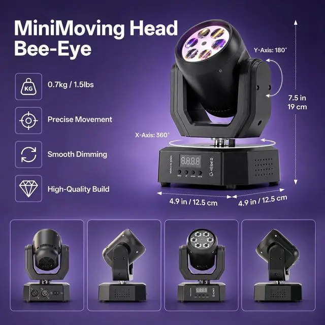Alt view image 4 of 7 - 2PCS Mini Moving Head Light,30W Compact Led DJ Stage Lights with Bee-Eyes/Dot Beam/Halo Effects,Remote Control Sound Active & DMX512 Control for Wedding DJ Party Stage Lighting Disco Club