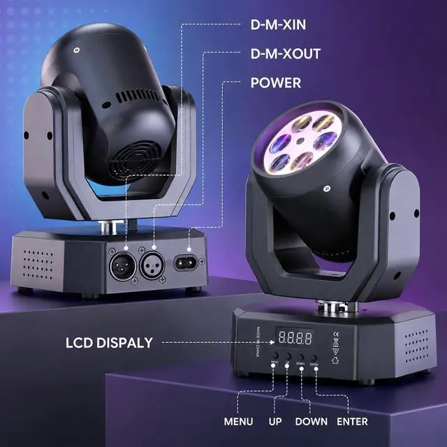 Alt view image 5 of 7 - 2PCS Mini Moving Head Light,30W Compact Led DJ Stage Lights with Bee-Eyes/Dot Beam/Halo Effects,Remote Control Sound Active & DMX512 Control for Wedding DJ Party Stage Lighting Disco Club
