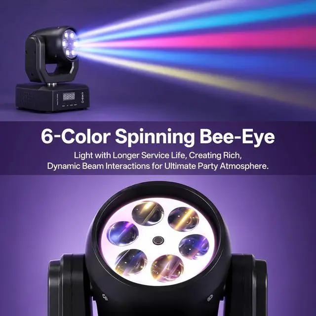 Alt view image 6 of 7 - 2PCS Mini Moving Head Light,30W Compact Led DJ Stage Lights with Bee-Eyes/Dot Beam/Halo Effects,Remote Control Sound Active & DMX512 Control for Wedding DJ Party Stage Lighting Disco Club