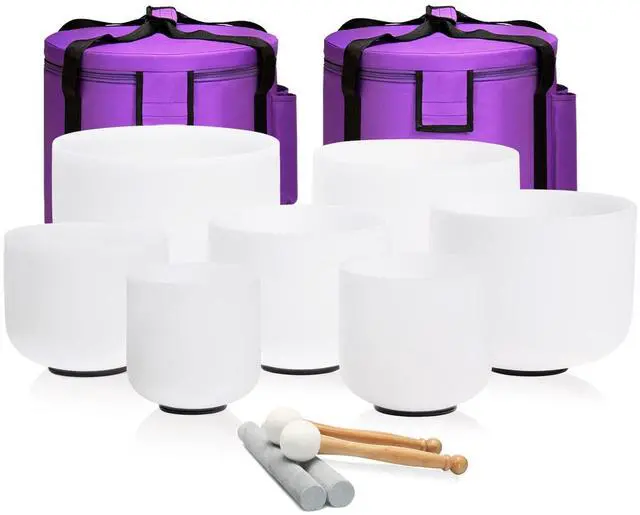 Main image of 440HZ 6-12 inch Set of 7 Frosted Chakra Quartz Crystal Singing Bowls | Sound Meditation,Mindfulness,Relaxation, Includes 2 Case Bags and Rubber Mallets