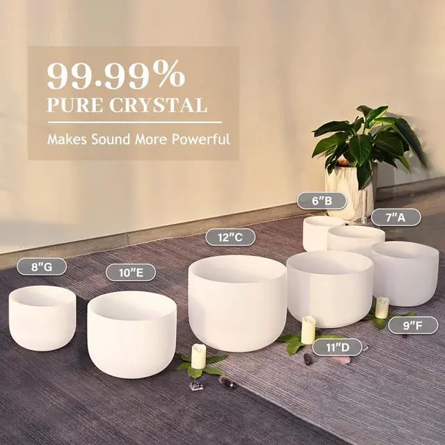 Alt view image 2 of 7 - 440HZ 6-12 inch Set of 7 Frosted Chakra Quartz Crystal Singing Bowls | Sound Meditation,Mindfulness,Relaxation, Includes 2 Case Bags and Rubber Mallets