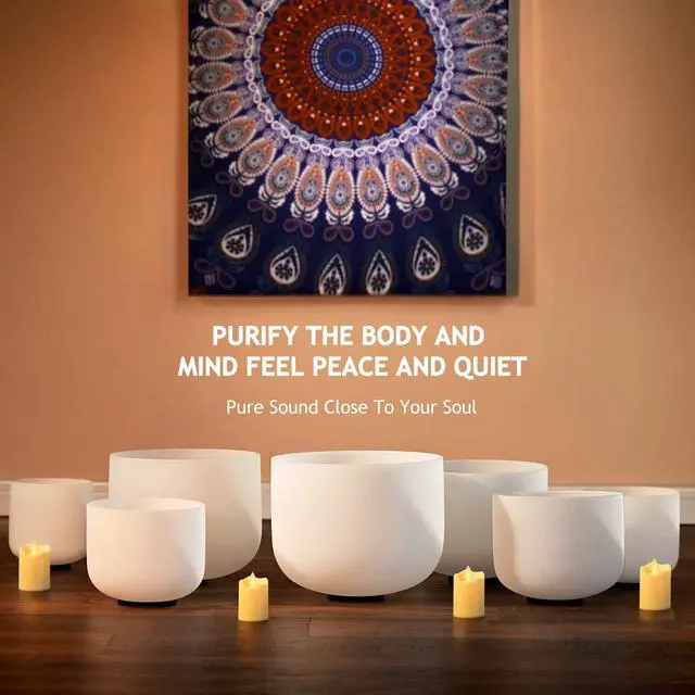 Alt view image 3 of 7 - 440HZ 6-12 inch Set of 7 Frosted Chakra Quartz Crystal Singing Bowls | Sound Meditation,Mindfulness,Relaxation, Includes 2 Case Bags and Rubber Mallets