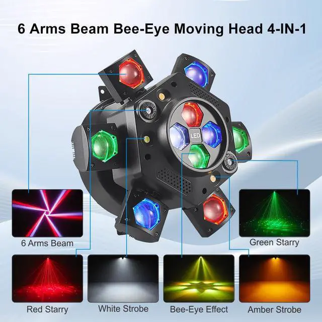 Alt view image 4 of 6 - Moving Head DJ Lights, 150W LED Stage Light 4 in 1 with RGBW 6 Arms Beam, Bee-Eye Light, Red Green Starry and White Amber Strobe, Remote & DMX Control for Disco Club Party DJ Stage Lighting