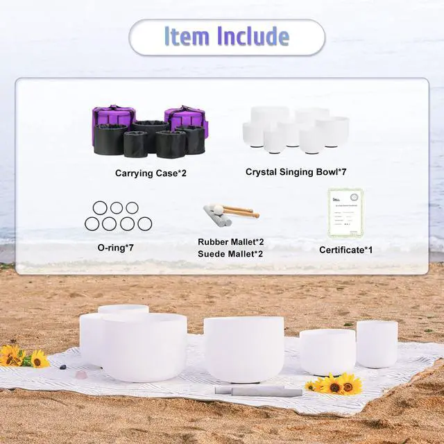 Alt view image 7 of 7 - 440HZ 6-12 inch Set of 7 Frosted Chakra Quartz Crystal Singing Bowls | Sound Meditation,Mindfulness,Relaxation, Includes 2 Case Bags and Rubber Mallets