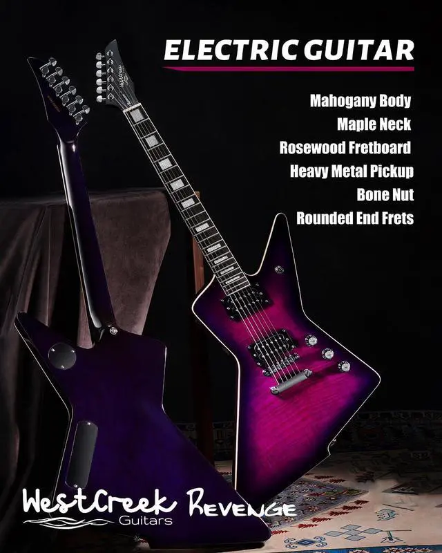 Alt view image 2 of 7 - WestCreek Revenge Solid Body Electric Guitar, Heavy Metal Guitar, Right Handed, Alnico Humbucker Pickups, Rounded End Jumbo Frets, Bone nut, Rosewood Fretboard, Mahogany Body Purple