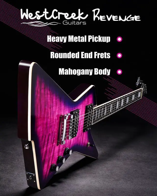 Alt view image 3 of 7 - WestCreek Revenge Solid Body Electric Guitar, Heavy Metal Guitar, Right Handed, Alnico Humbucker Pickups, Rounded End Jumbo Frets, Bone nut, Rosewood Fretboard, Mahogany Body Purple