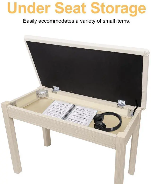 Alt view image 6 of 6 - Duet Piano Bench with Padded Cushion and Storage - Solid Wood Keyboard Bench Bookcase Stool Chair Seat Vanity Stool Tufted Wooden Piano Seat, Comfortable Sponges Pad,Apricot