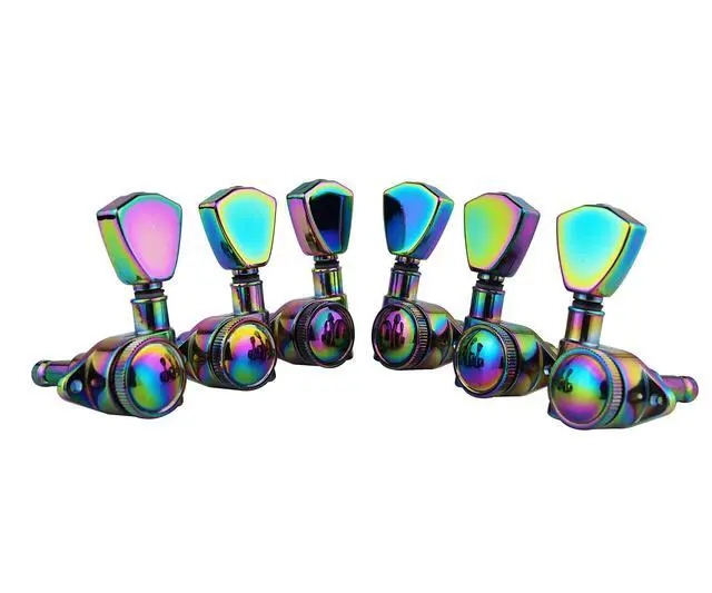 Alt view image 2 of 4 - Guitar Locking Tuners (3L + 3R) - 1:21 Models Rear Lock String Tuning Key Pegs Machine Head with Trapezium Handle Replacement for Electric, Folk or Acoustic Guitars - Chameleon Rainbow