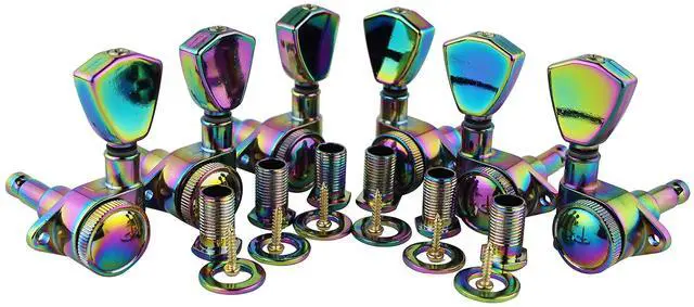 Main image of Guitar Locking Tuners (3L + 3R) - 1:21 Models Rear Lock String Tuning Key Pegs Machine Head with Trapezium Handle Replacement for Electric, Folk or Acoustic Guitars - Chameleon Rainbow