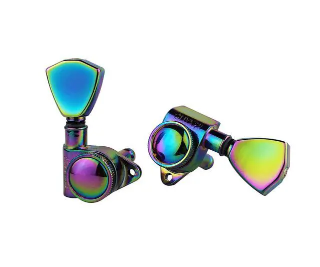 Alt view image 3 of 4 - Guitar Locking Tuners (3L + 3R) - 1:21 Models Rear Lock String Tuning Key Pegs Machine Head with Trapezium Handle Replacement for Electric, Folk or Acoustic Guitars - Chameleon Rainbow