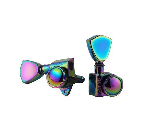 Alt view image 4 of 4 - Guitar Locking Tuners (3L + 3R) - 1:21 Models Rear Lock String Tuning Key Pegs Machine Head with Trapezium Handle Replacement for Electric, Folk or Acoustic Guitars - Chameleon Rainbow