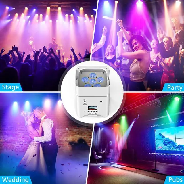 Alt view image 7 of 7 - Battery Powered Stage Lights, 9600mAh Rechargeable Par Can Lights 6x18W RGBWA+UV APP/Remote/DMX512/Sound Activated, Uplights for Events Party Wedding DJ Concert Christmas Dance White
