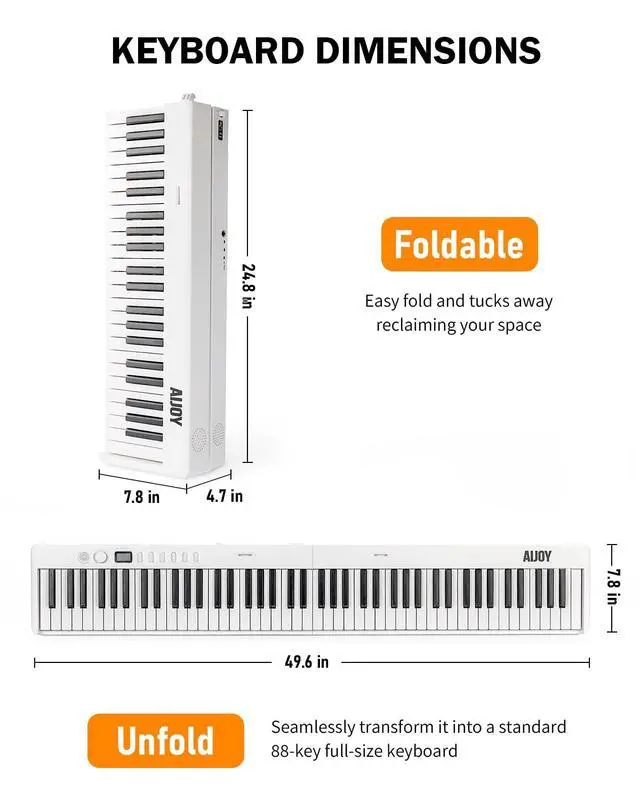 Alt view image 4 of 7 - 88-Key Portable Piano Keyboard with Semi-Weighted Keys Folding Piano | Built-in Speakers/MIDI, Long Battery Life Electric Keyboard Piano for Beginners