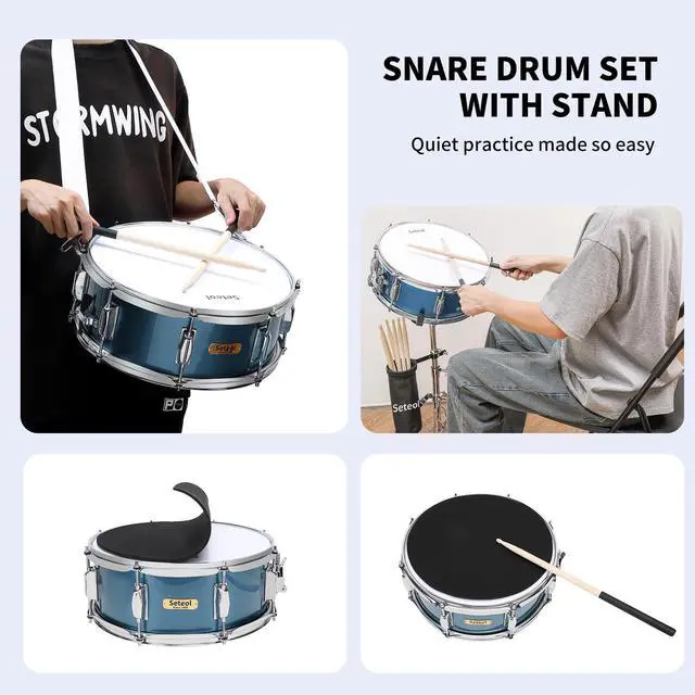 Alt view image 4 of 7 - Snare Drum Set, 14" x 5.5" Marching Snare Drum with Stand & Bag | Silent Mute Pad + Drums Sticks + Drumstick Holder + Drums Key + Damper Gels for Adults (Blue)