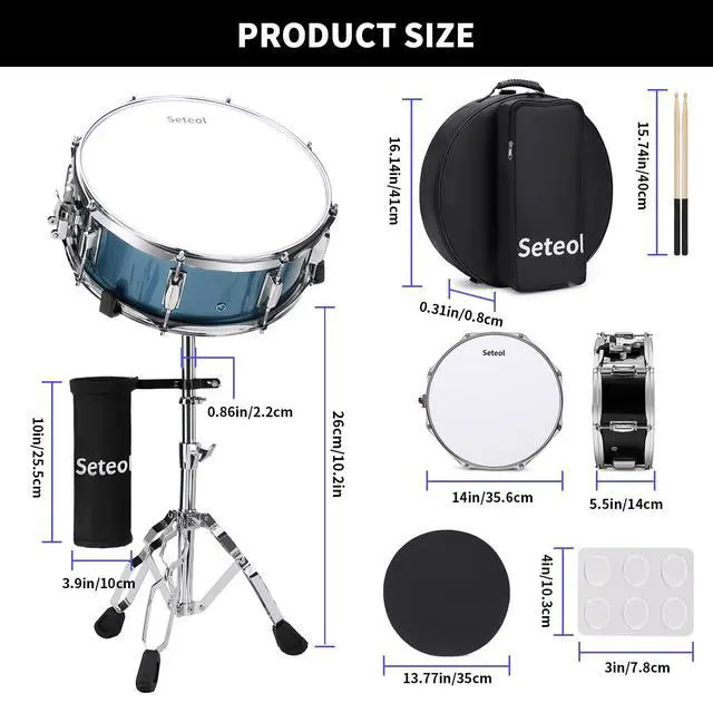 Alt view image 5 of 7 - Snare Drum Set, 14" x 5.5" Marching Snare Drum with Stand & Bag | Silent Mute Pad + Drums Sticks + Drumstick Holder + Drums Key + Damper Gels for Adults (Blue)