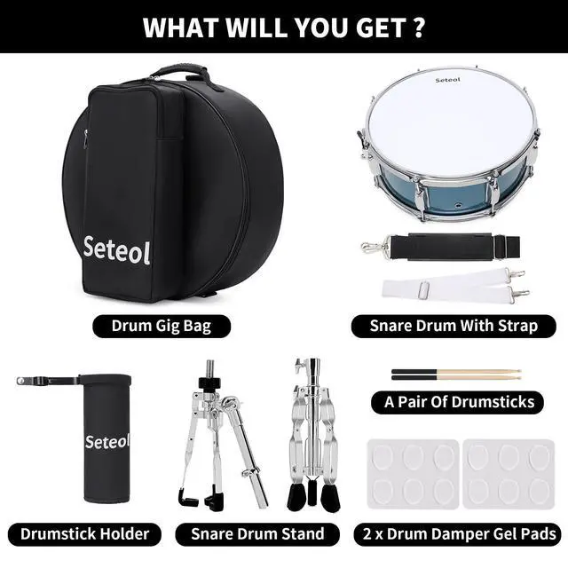 Alt view image 7 of 7 - Snare Drum Set, 14" x 5.5" Marching Snare Drum with Stand & Bag | Silent Mute Pad + Drums Sticks + Drumstick Holder + Drums Key + Damper Gels for Adults (Blue)