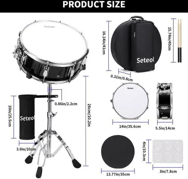 Alt view image 5 of 7 - Snare Drum Set, 14" x 5.5" Marching Snare Drum with Stand & Bag | Silent Mute Pad + Drums Sticks + Drumstick Holder + Drums Key + Damper Gels for Adults (Black)